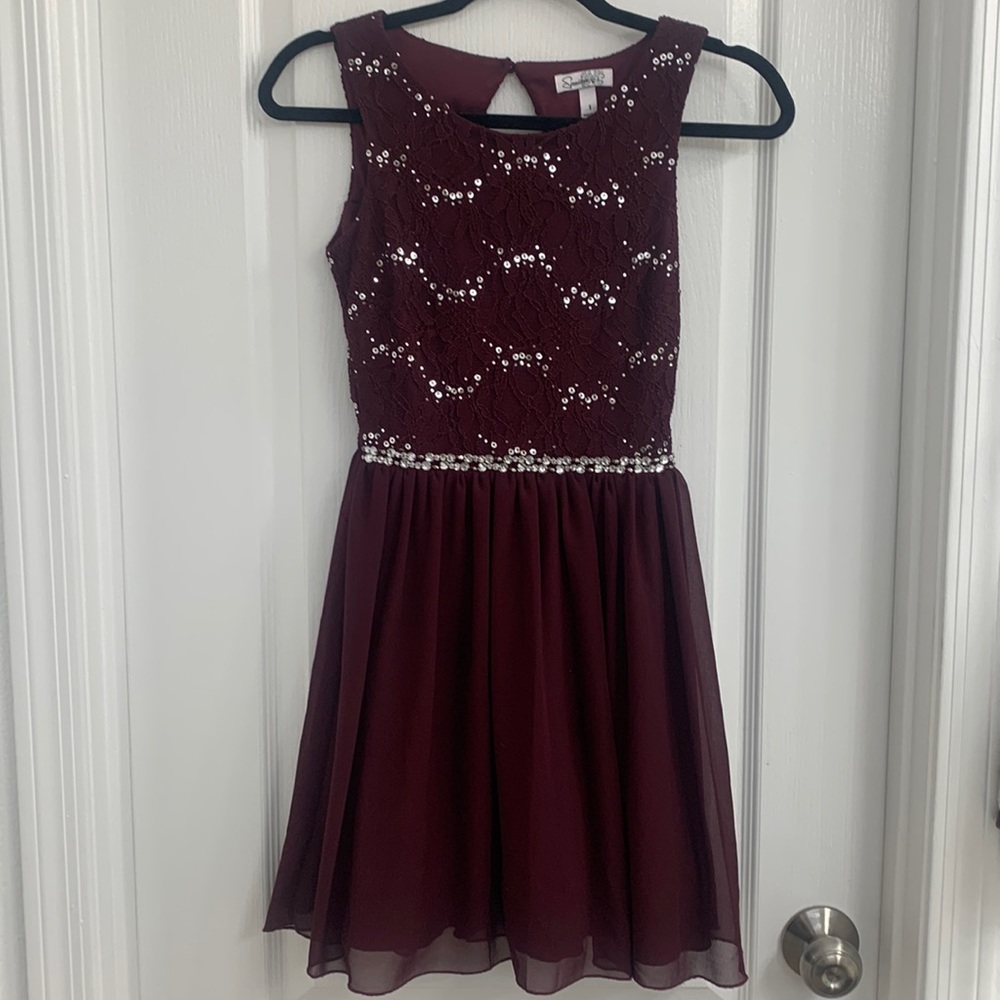 Juniors size 1 Burgundy Dress with silver sequins and rhinestones
